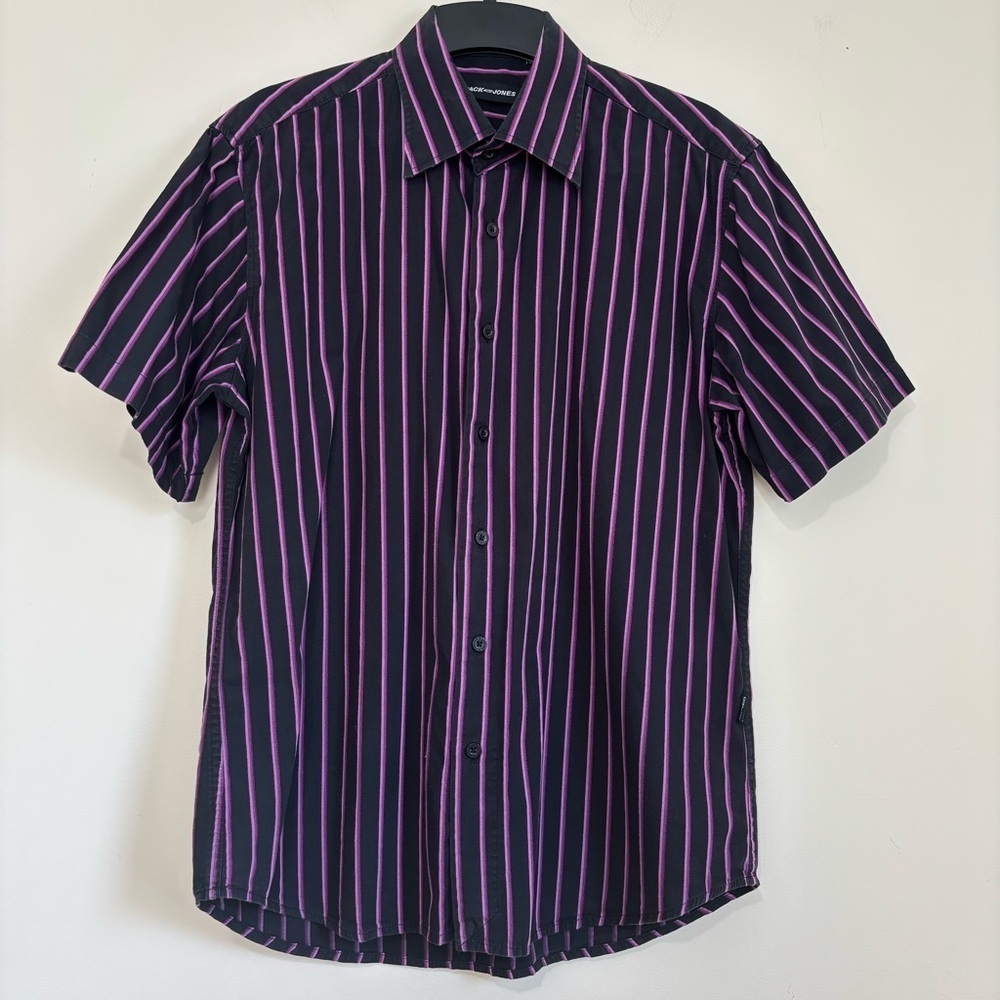 Jack & Jones Black Purple Striped Short Sleeve Button Front Shirt Small